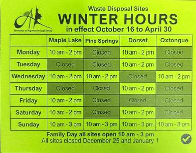 Image shows a landfill card with winter operating hours.