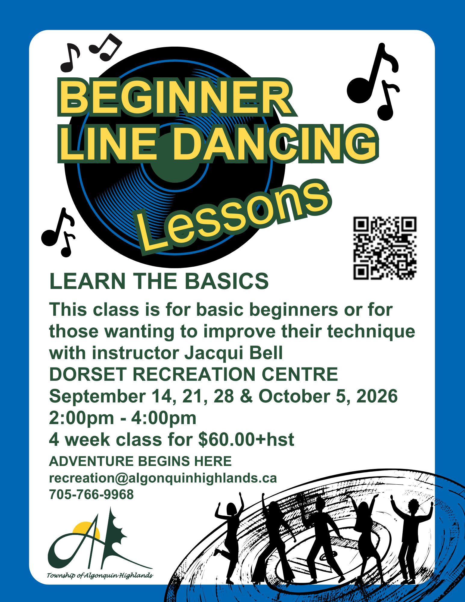 Image shows poster for beginner line dancing lessons.