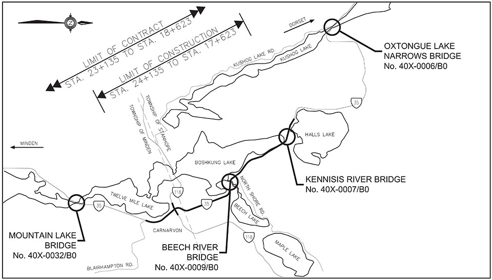 Map shows locations of construction sites along Highway 35.