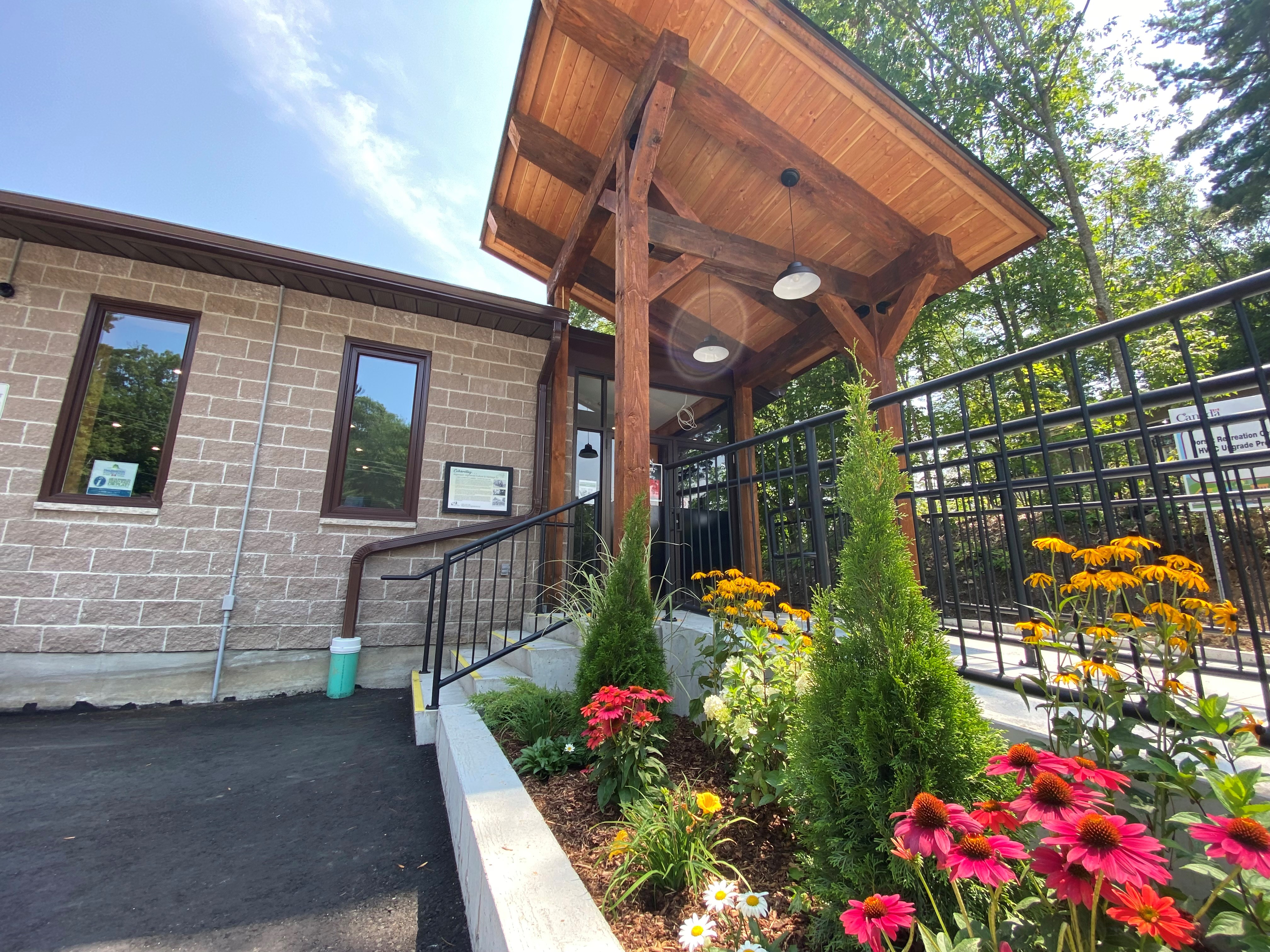 Image shows the front entranceway of the Dorset Recreation Centre.