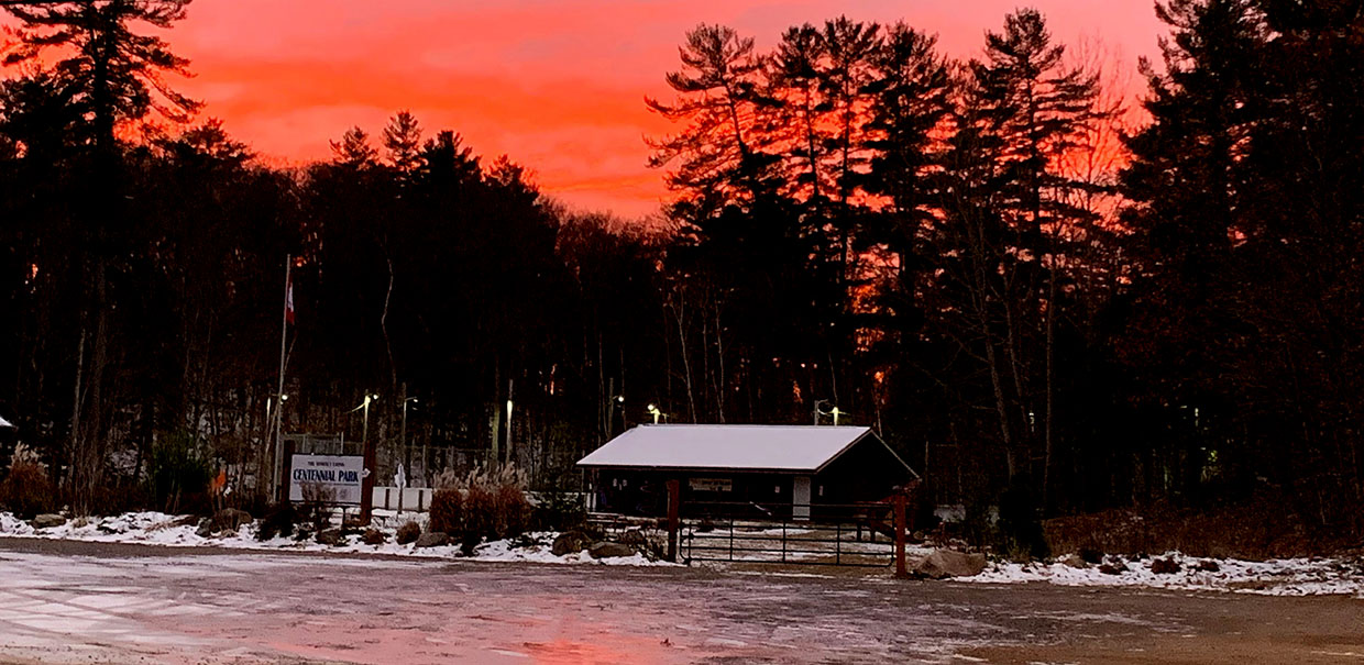 Image the Dorset Ice Palace with a sunset in the background. 