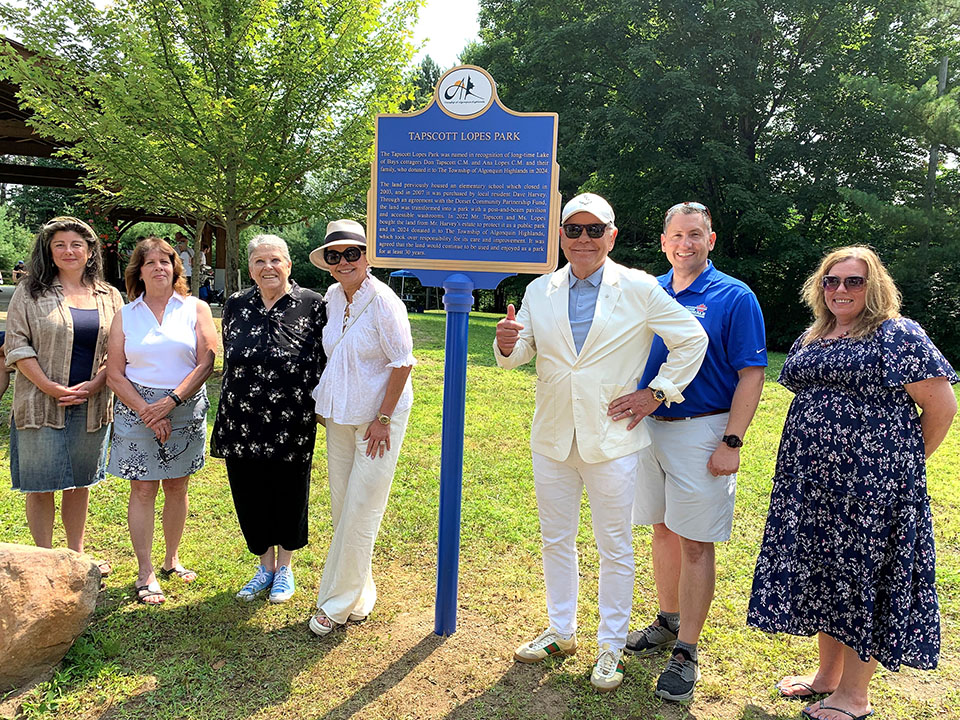 Image shows a group of people standing beside a newly erected sign.