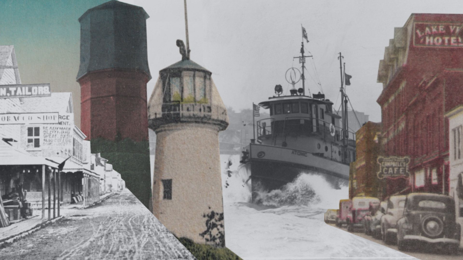 Amherstburg throughout history, featuring the old Dalhousie Street, lighthouse and ship in the Livingstone Channel