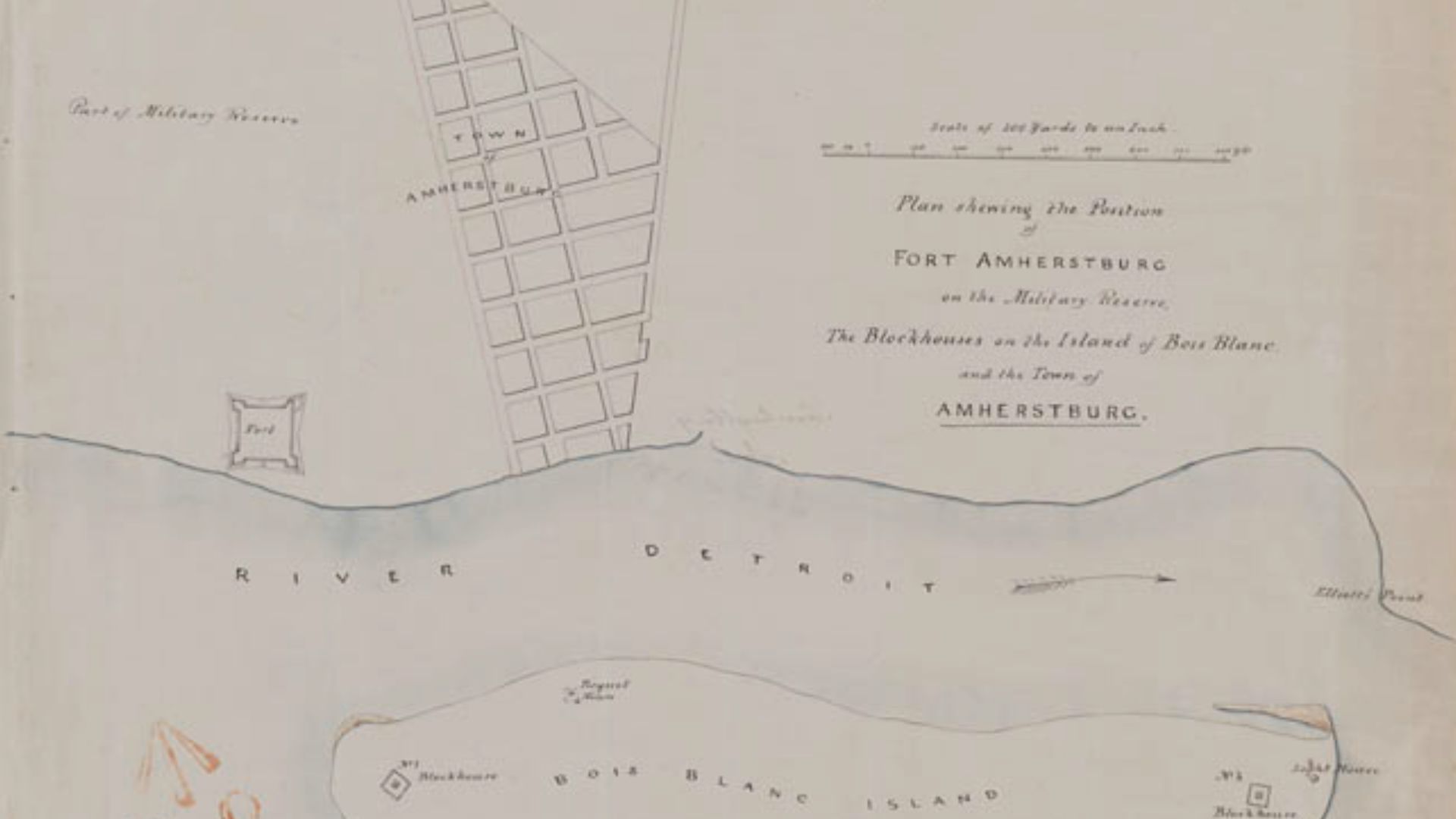Old Amherstburg map showing the original Town centre in relation to Fort Malden and Boblo Island