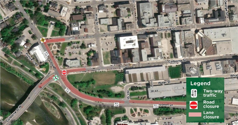Map of Lorne Bridge eastbound lane reduction, Brant Avenue lane reductions and Colborne Street closure