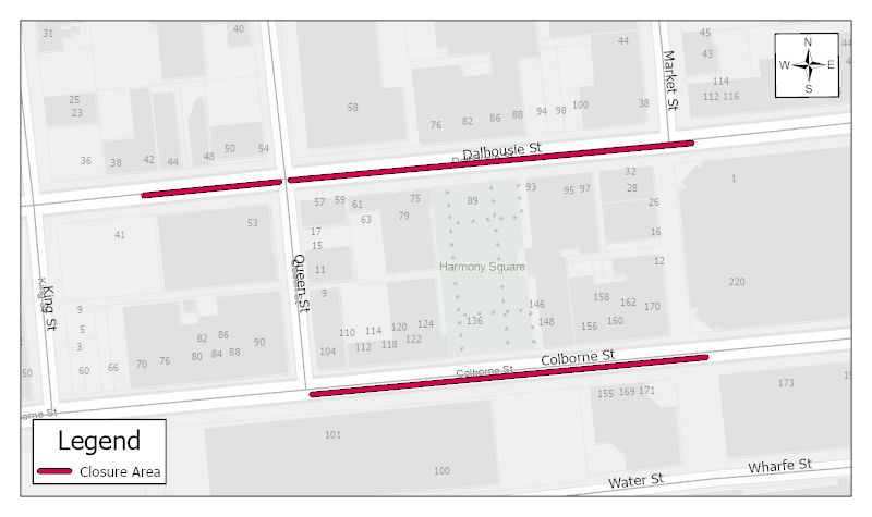Map of lane closures on Dalhousie Street and Colborne Street