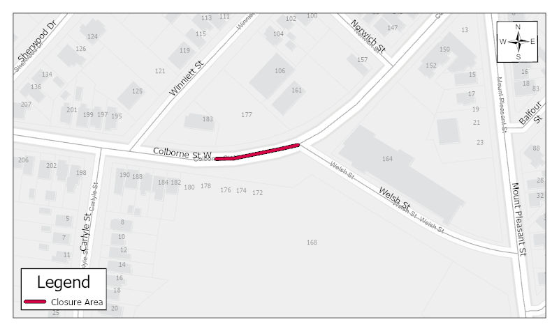 Alternating lane closures at Colborne Street West and Welsh Street