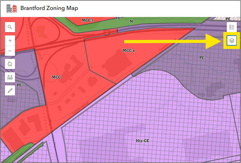 Interactive Zoning Web Map – the layer list will be on the top-right side of your screen and be the second icon from the top