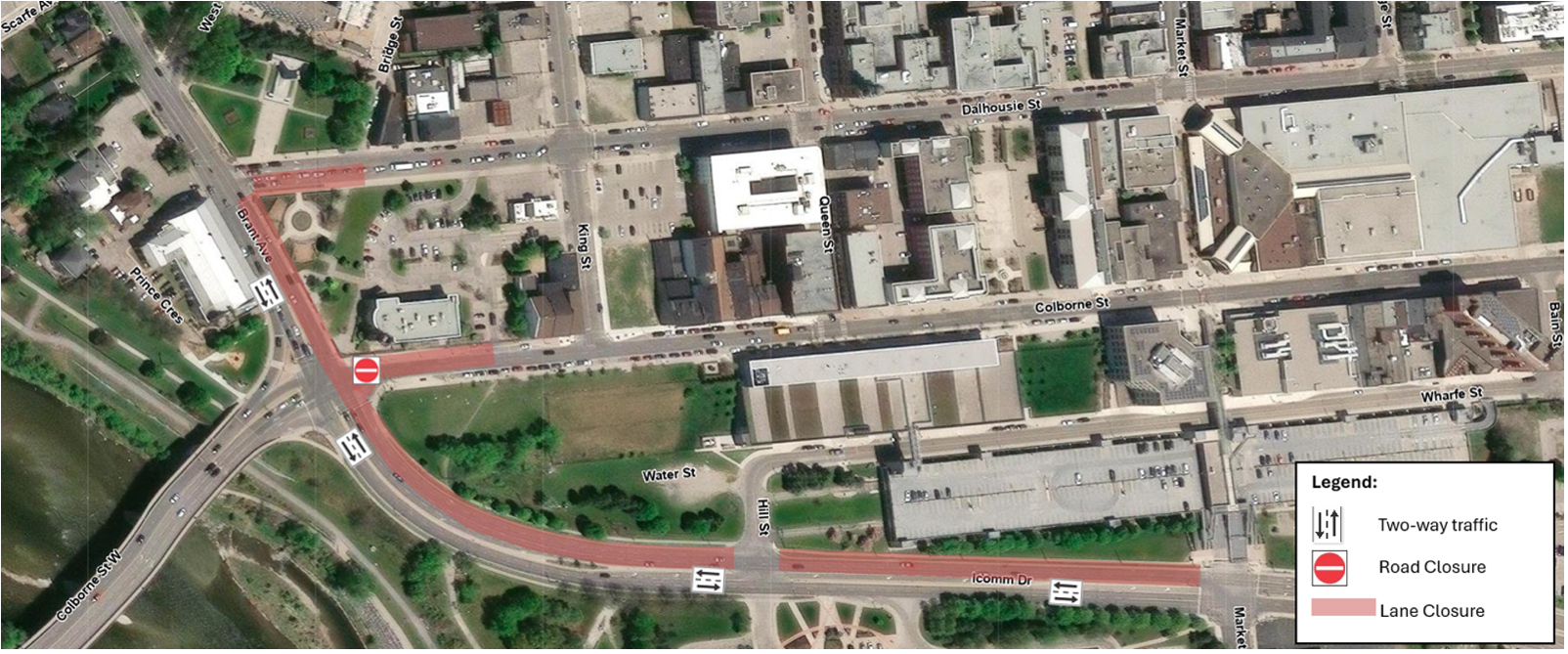 Project area map outlining affected lanes and traffic restrictions on Brant Avenue, Colborne Street, and Icomm Drive.