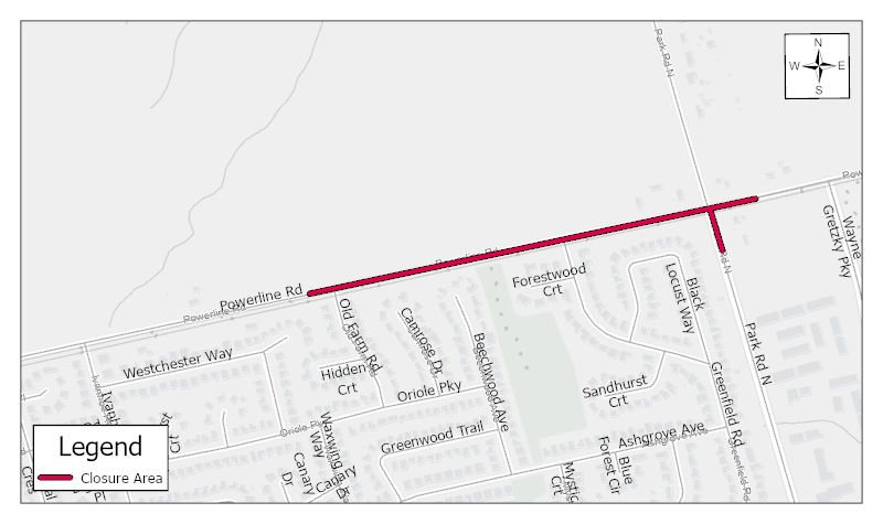 Map of closure on Powerline Road