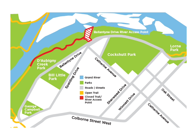 Ballantyne Drive River Access Point and boat launch and D’Aubigny trail access map