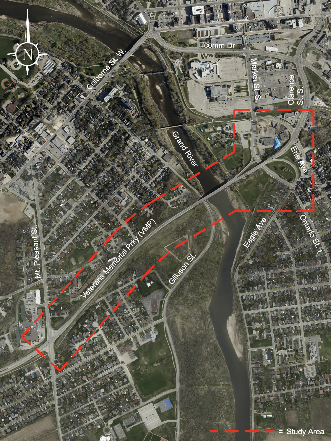 A map showing the study area of the Veterans Memorial Parkway Municipal Class Environmental Assessment which extends from Mount Pleasant Street in the east to Erie Avenue in the west