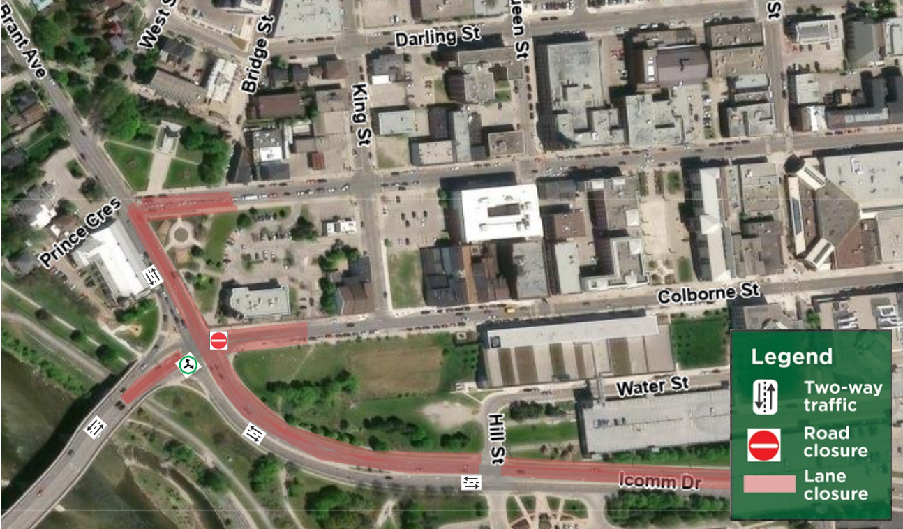 Map of Lorne Bridge lane reduction, Brant Avenue lane reductions and Colborne Street closure
