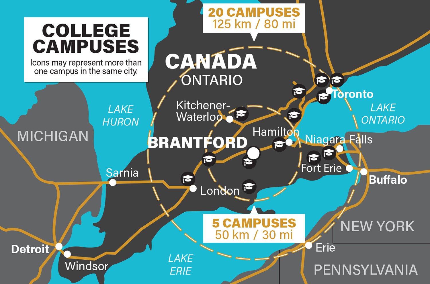 map of colleges within 125 km (80 miles) of Brantford