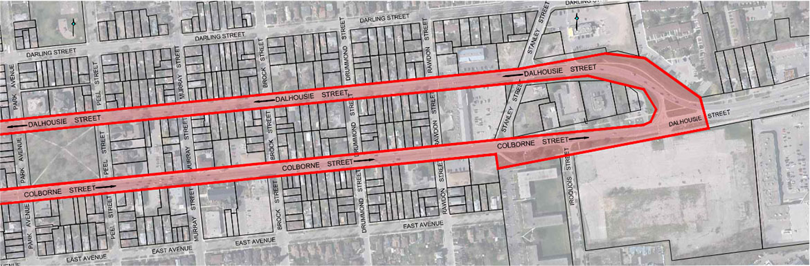 Map 2 – Detailed study area from Park Avenue to Colborne Street and Dalhousie Street junction