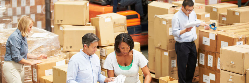 Workers checking shipments before departure