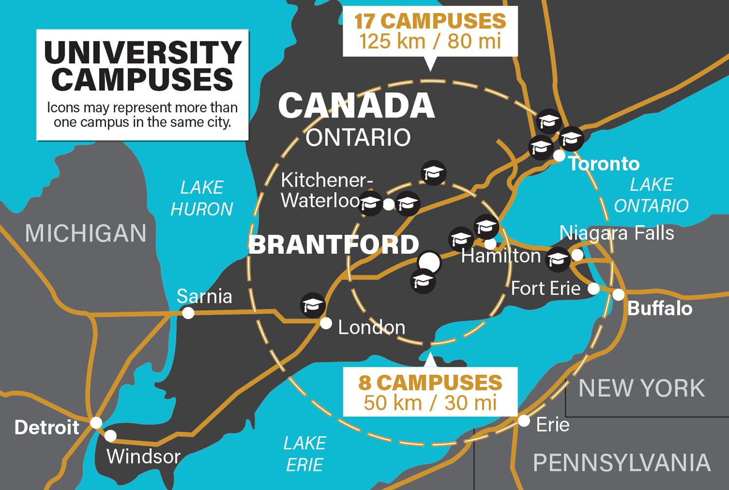 map of universities within 125 km (80 miles) of Brantford