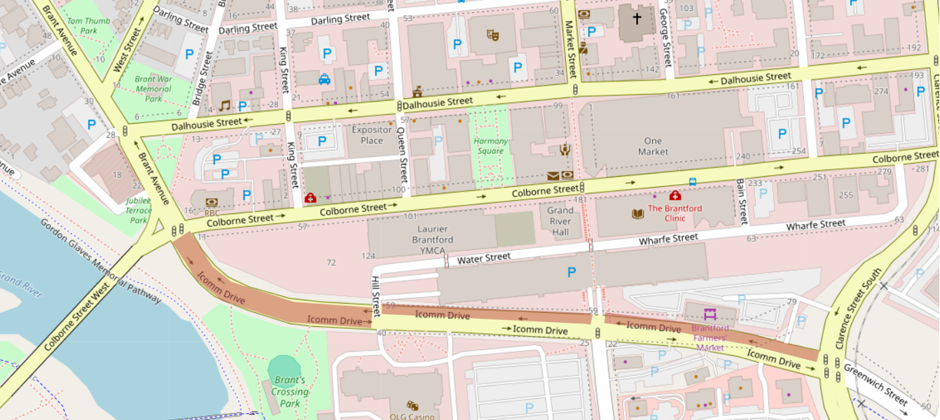 Icomm Drive lane closures with full closure between Colborne Street East and Hill Street, and lane closures between Hill Street and Clarence Street South maintaining one lane in each direction.
