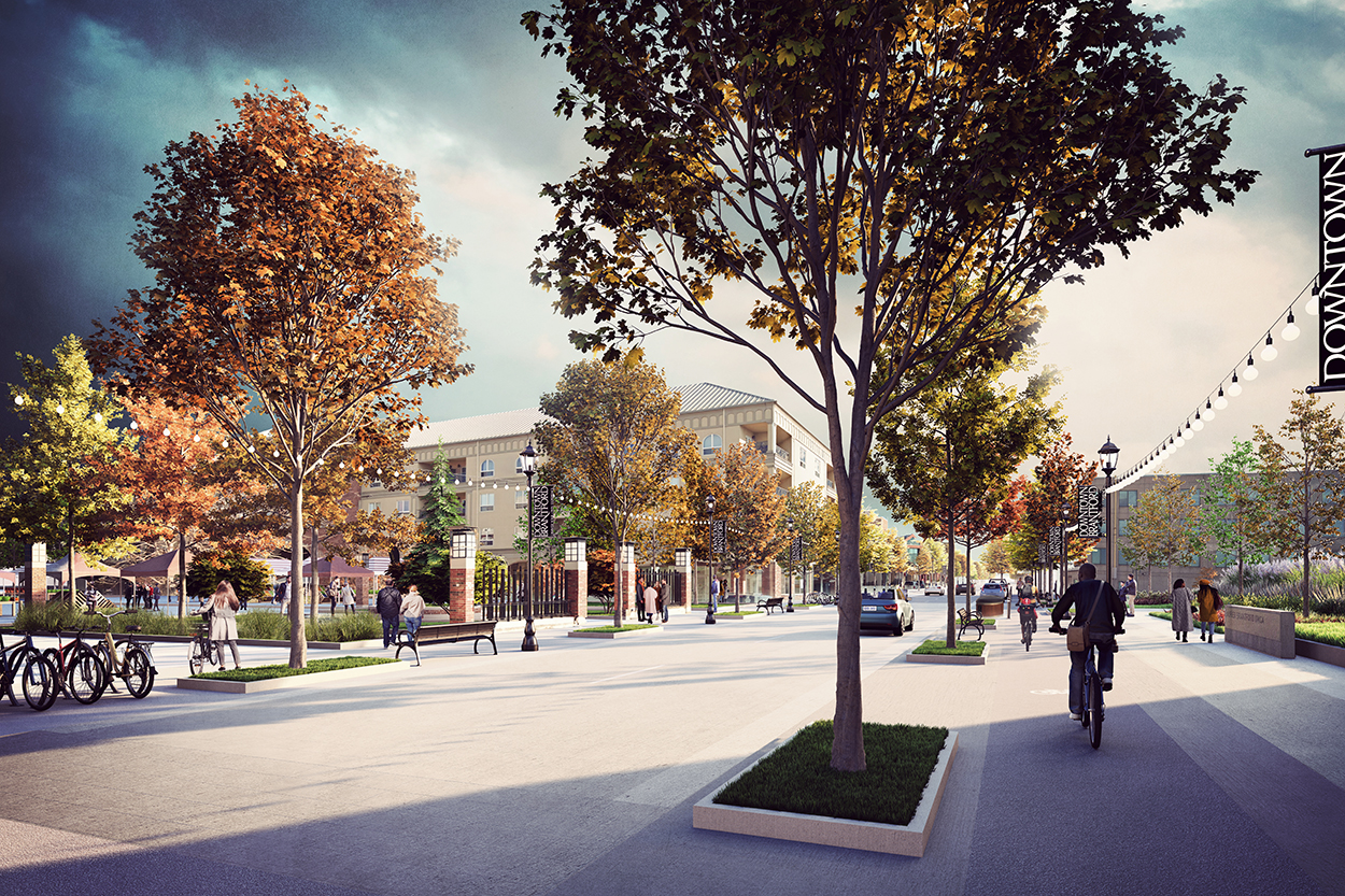 Daytime view from Colborne Street in front pf Harmony Square, looking east.