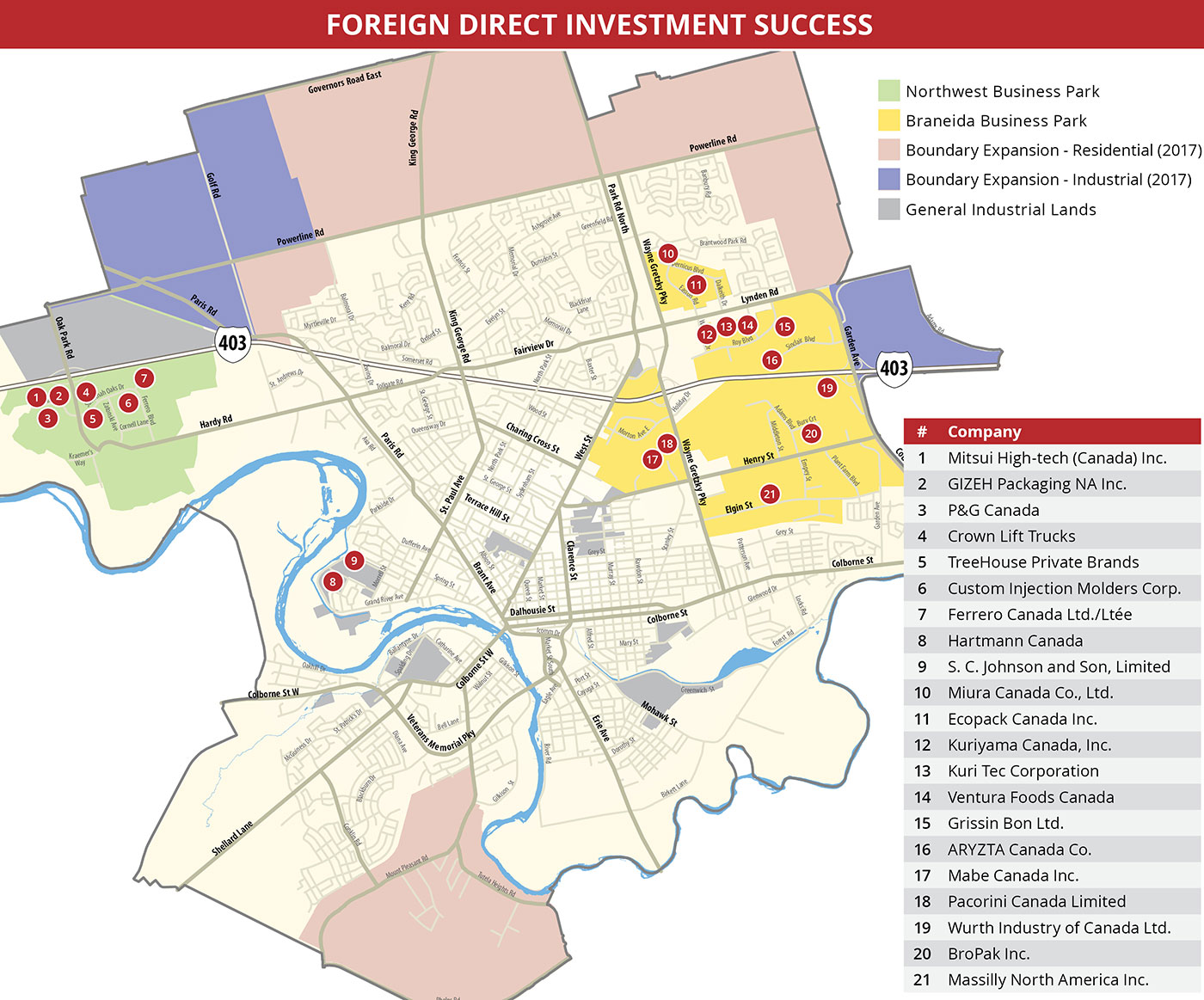 map of Brantford with Foreign Direct Investment locations