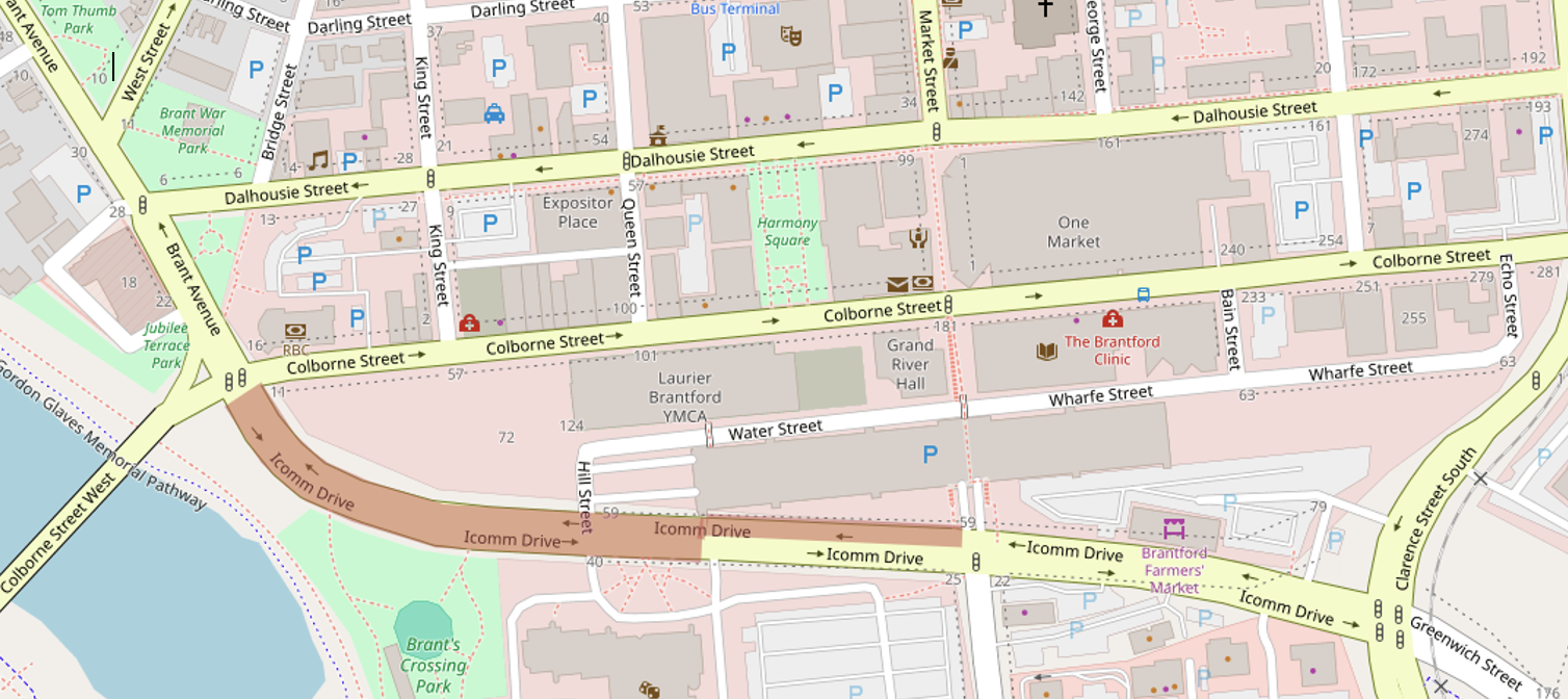 Construction area map showing affected lanes and traffic restrictions on Icomm Drive