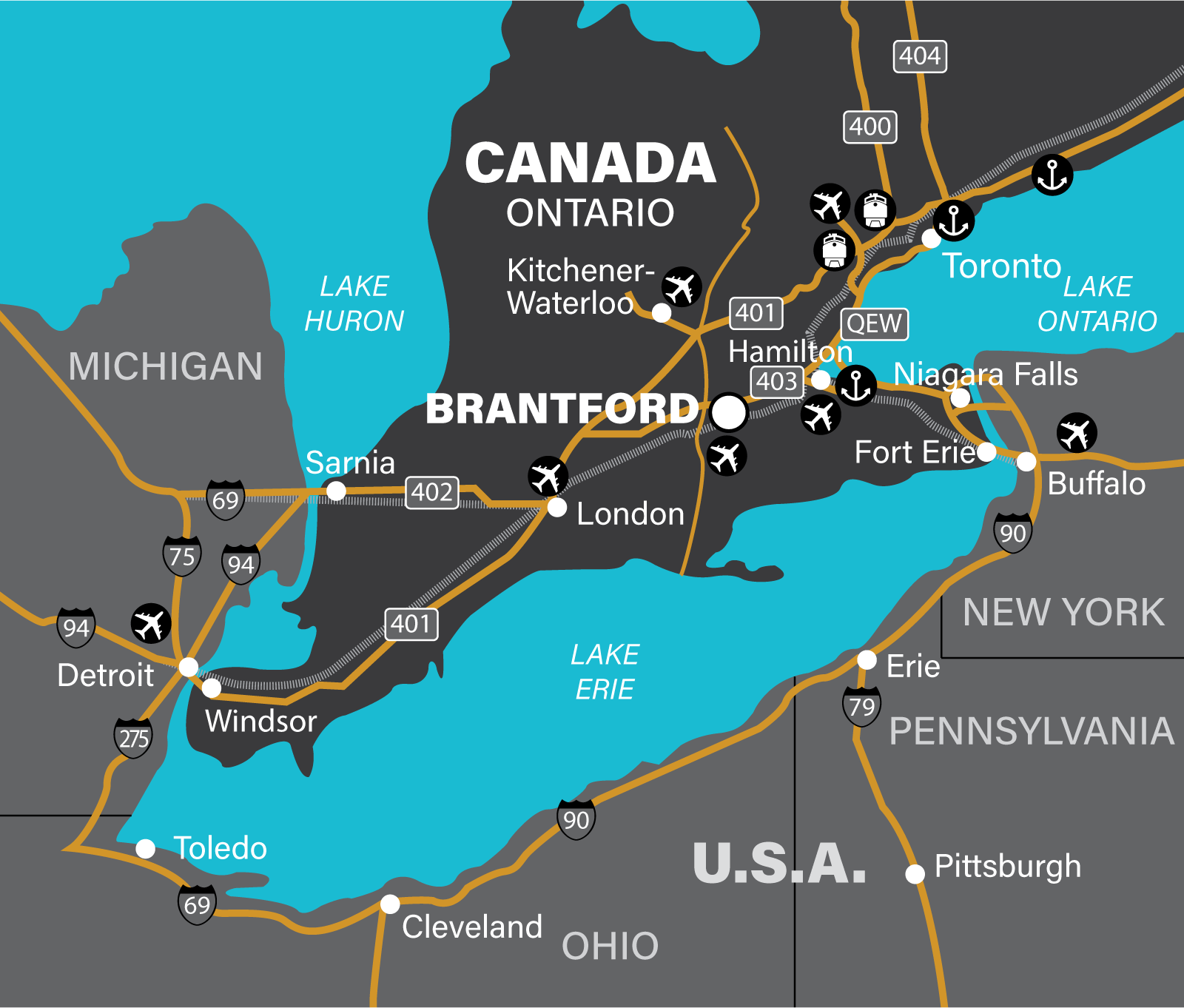 map showing Brantford and surrounding cities and transportation hubs and corridors