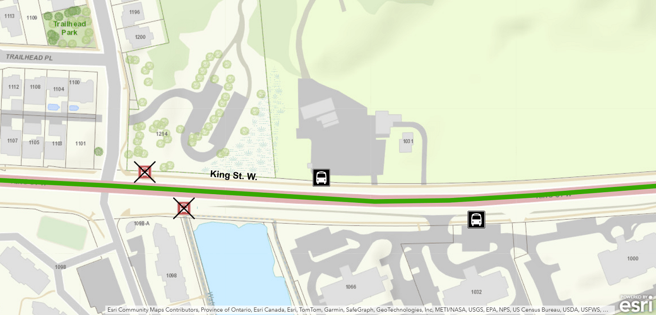 Map showing King / Trailhead stops out of service with alternative stop locations. For more information, please call 613-546-0000.