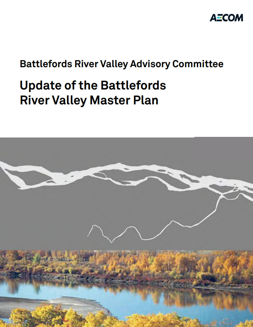 Cover page of the Battlefords River Valley Master Plan update report with river valley image.