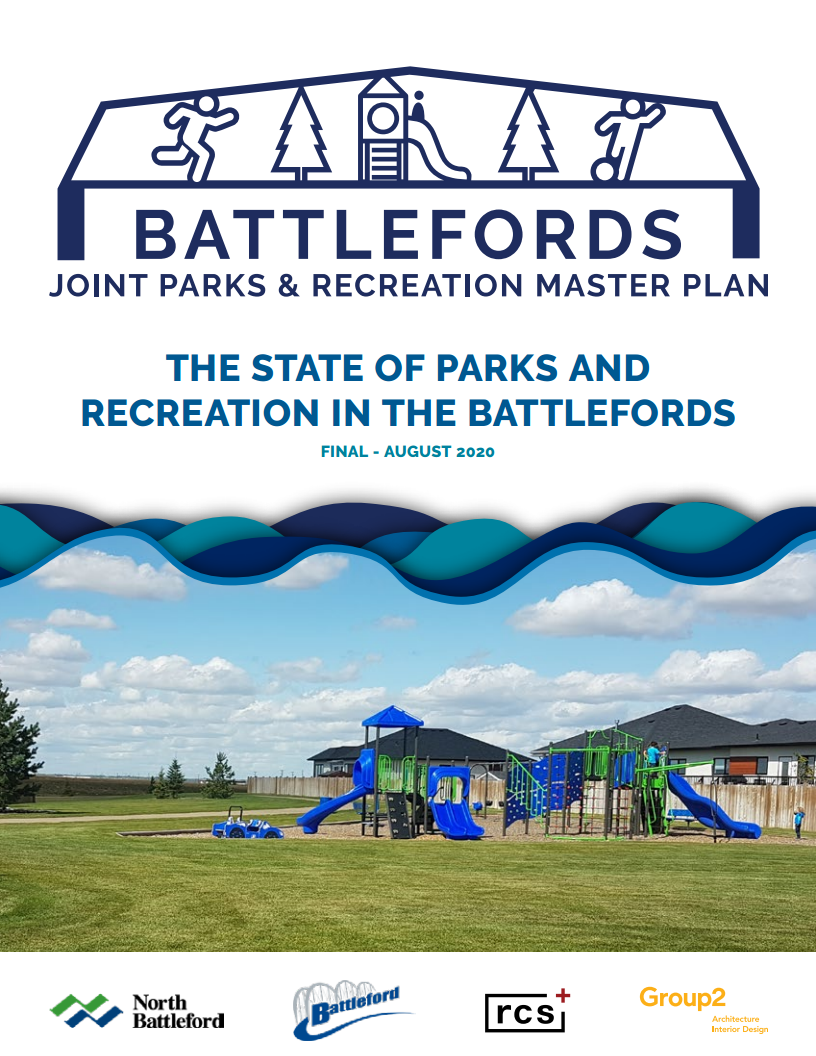Cover page of the Battlefords Joint Parks and Recreation Master Plan report with playground image.