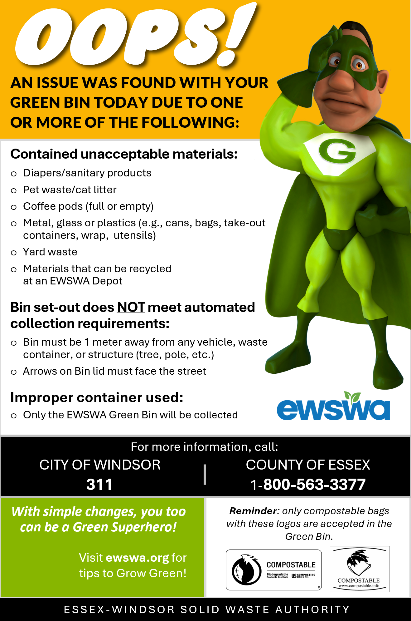 OOPS! Sticker - provided if something was wrong. With a list of possible issues and the contact information for EWSWA or 311 (city)