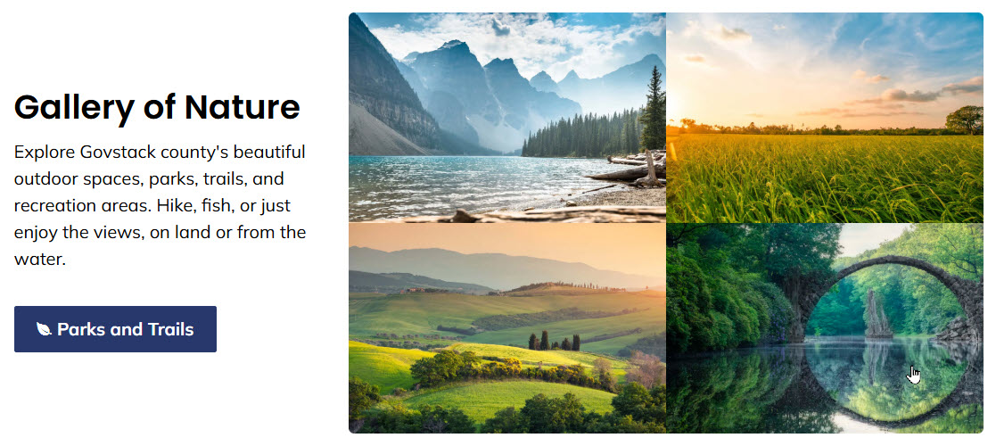 Example of a split component with text in the left column and a gallery in the right column