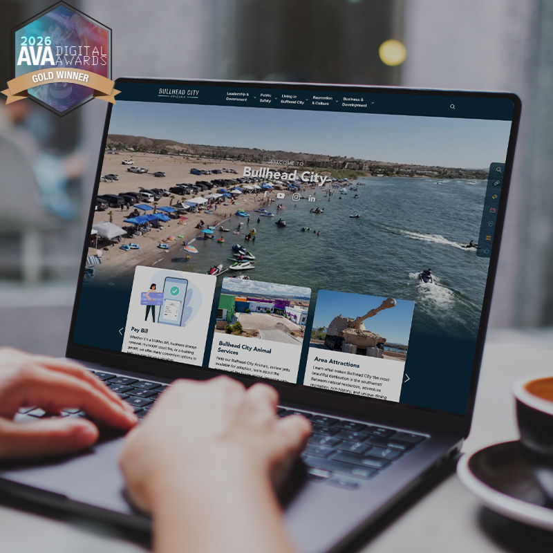 An image of the Bullhead City website with an icon showing they were winners in the 2026 AVA digital awards