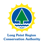 Long Point Region Conservation Authority logo in blue letters below an image of a tree with waves beneath and sun rays surrounding the tree and waves.