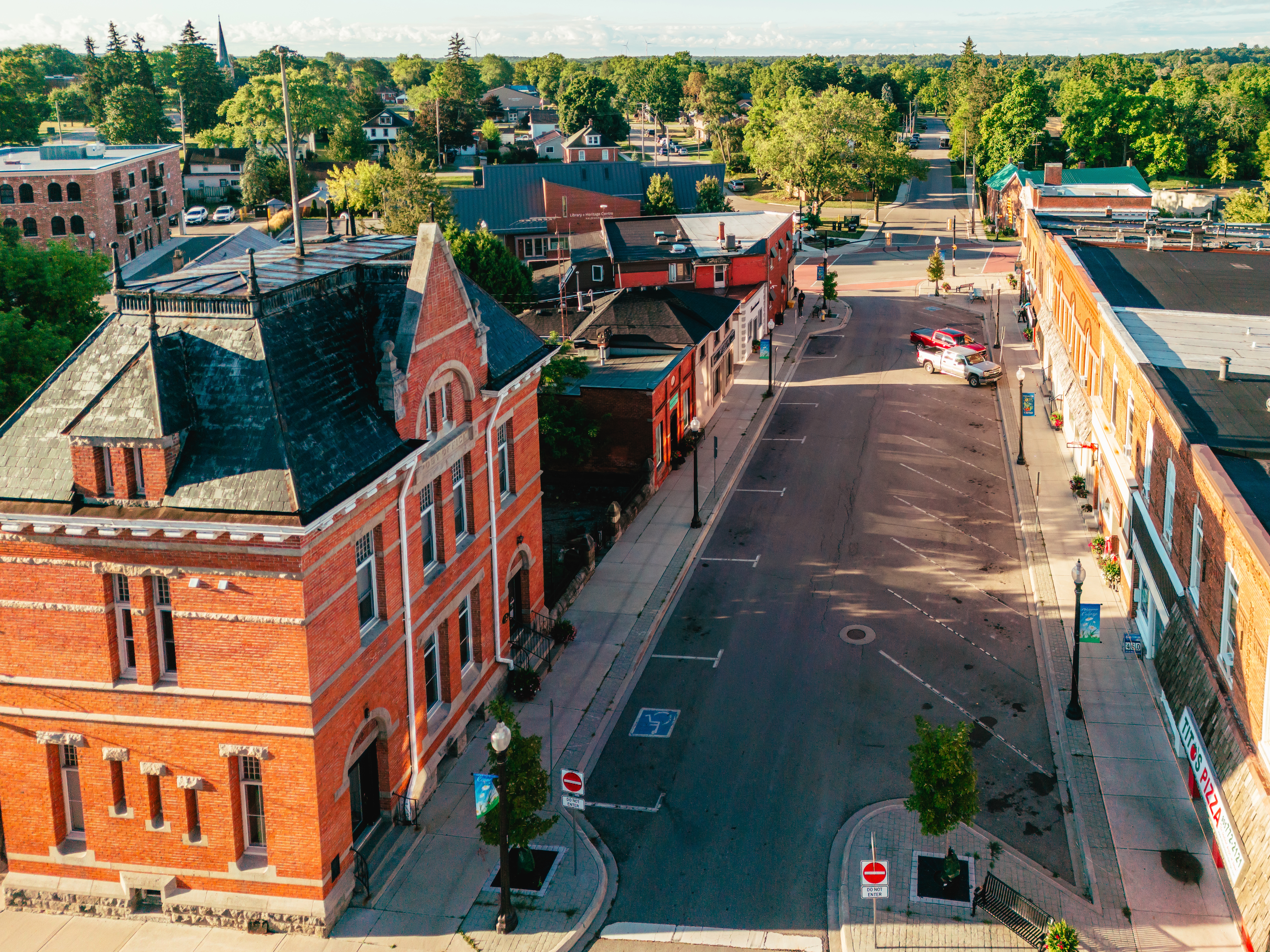 Aerial shot of downtown cayuga and the old post office
