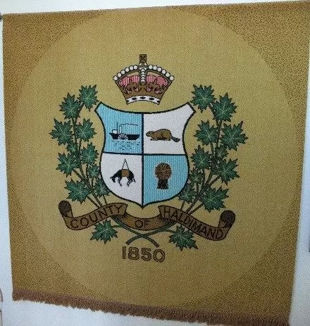 Section of carpet showing Haldimand County 1850 Coat of Arms