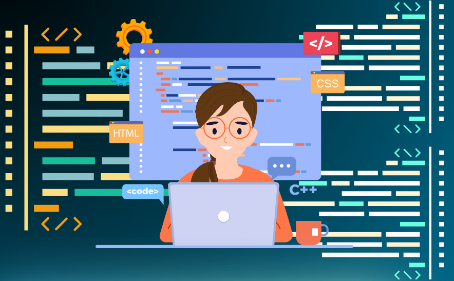 cartoon depiction of women writing code