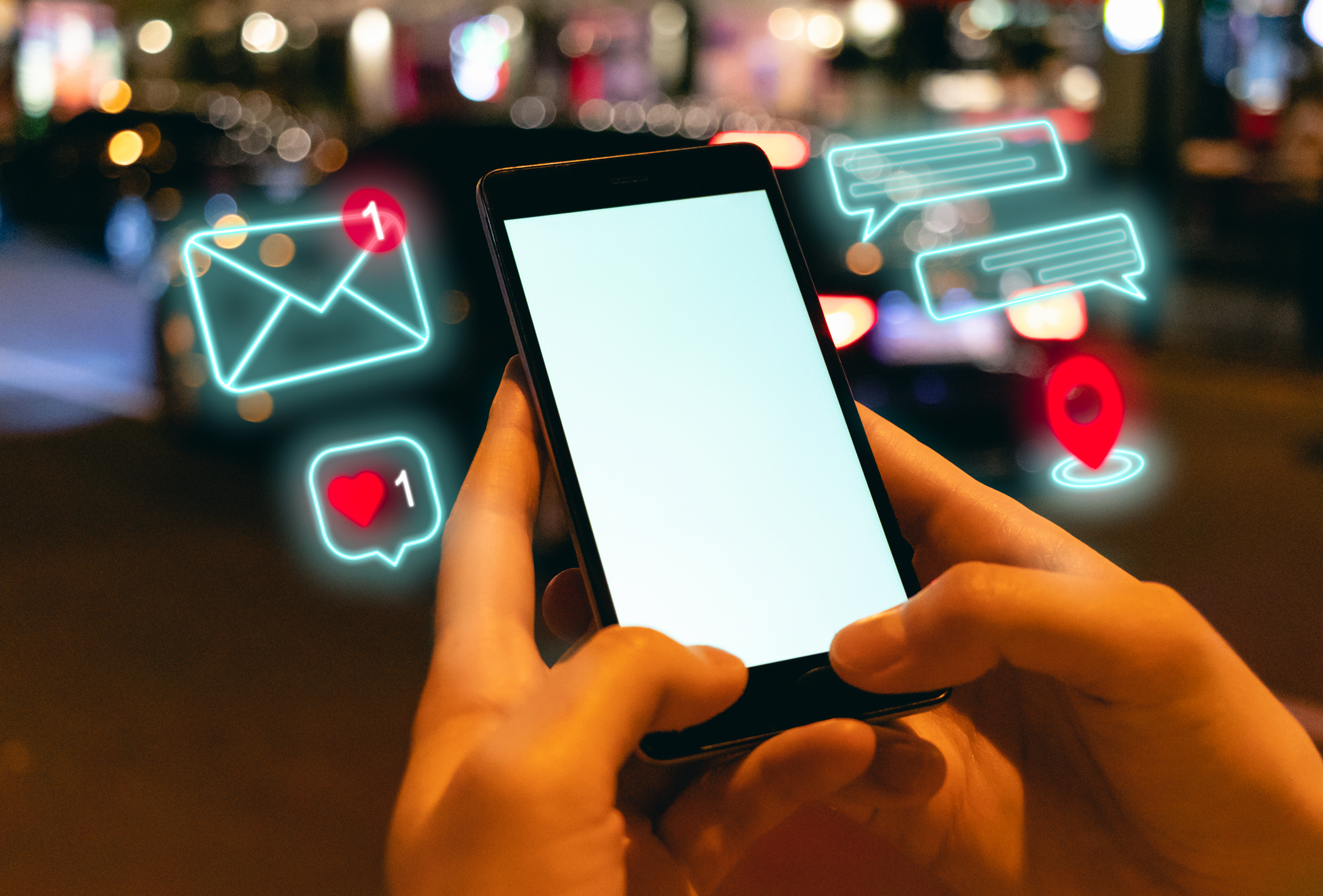 Person scrolling on mobile phone with location, email and text notifications hovering overhead.