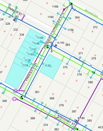 Aerial map showing properties affected by water interruption highlighted in blue.