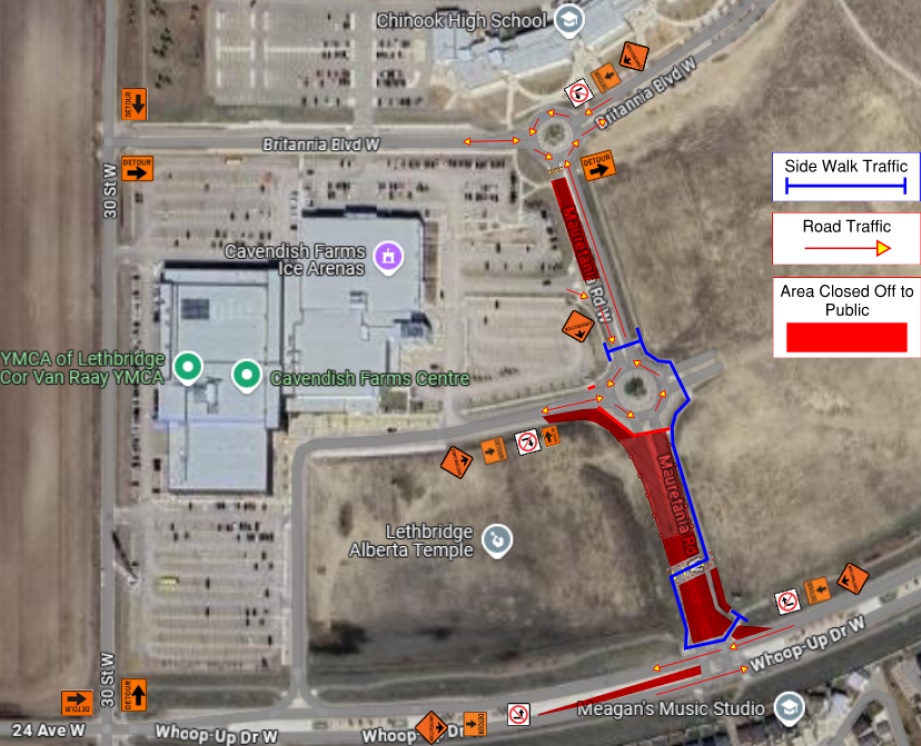 Map showing road closures for Alberta Temple construction