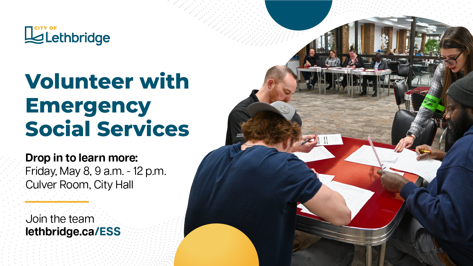 Volunteer with Emergency Social Services - drop in to learn more: Friday May 8, 9 a.m. - 12 p.m. at City Hall