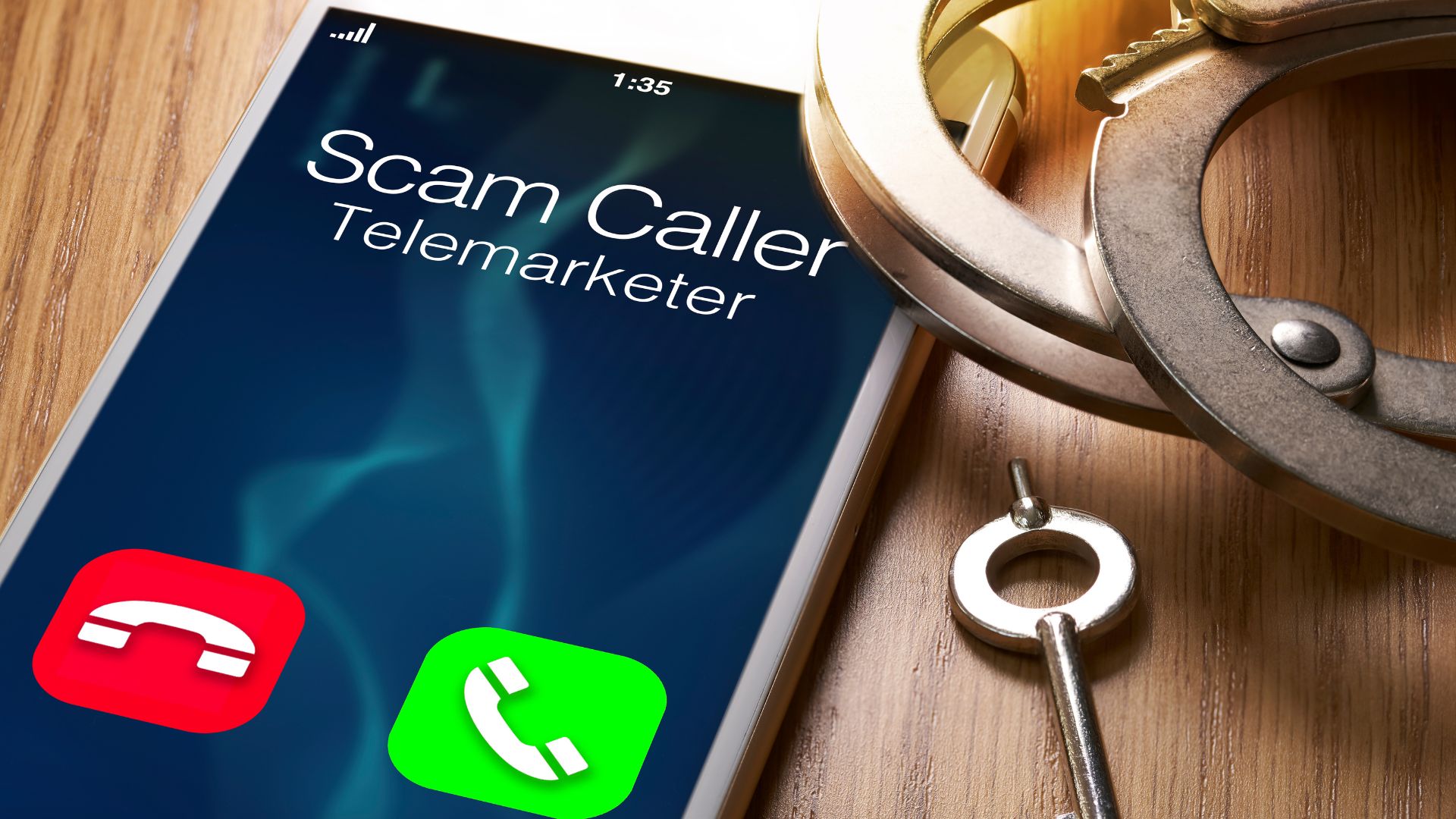iphone with "Scam Caller Telemarketer" on it. Handcuffs and key are off to the right of the iphhone.