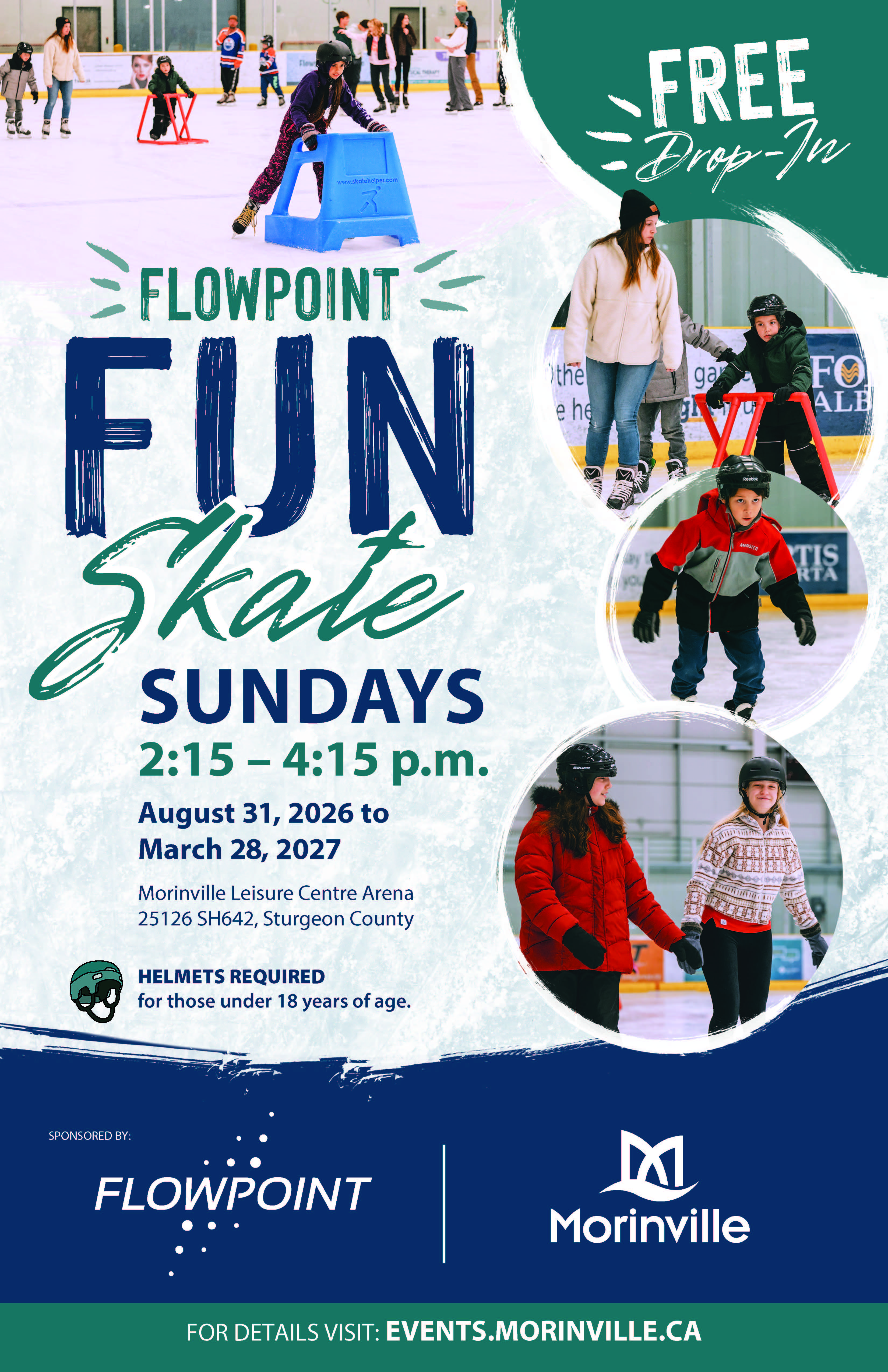 Poster showing all ages skating indoors having fun