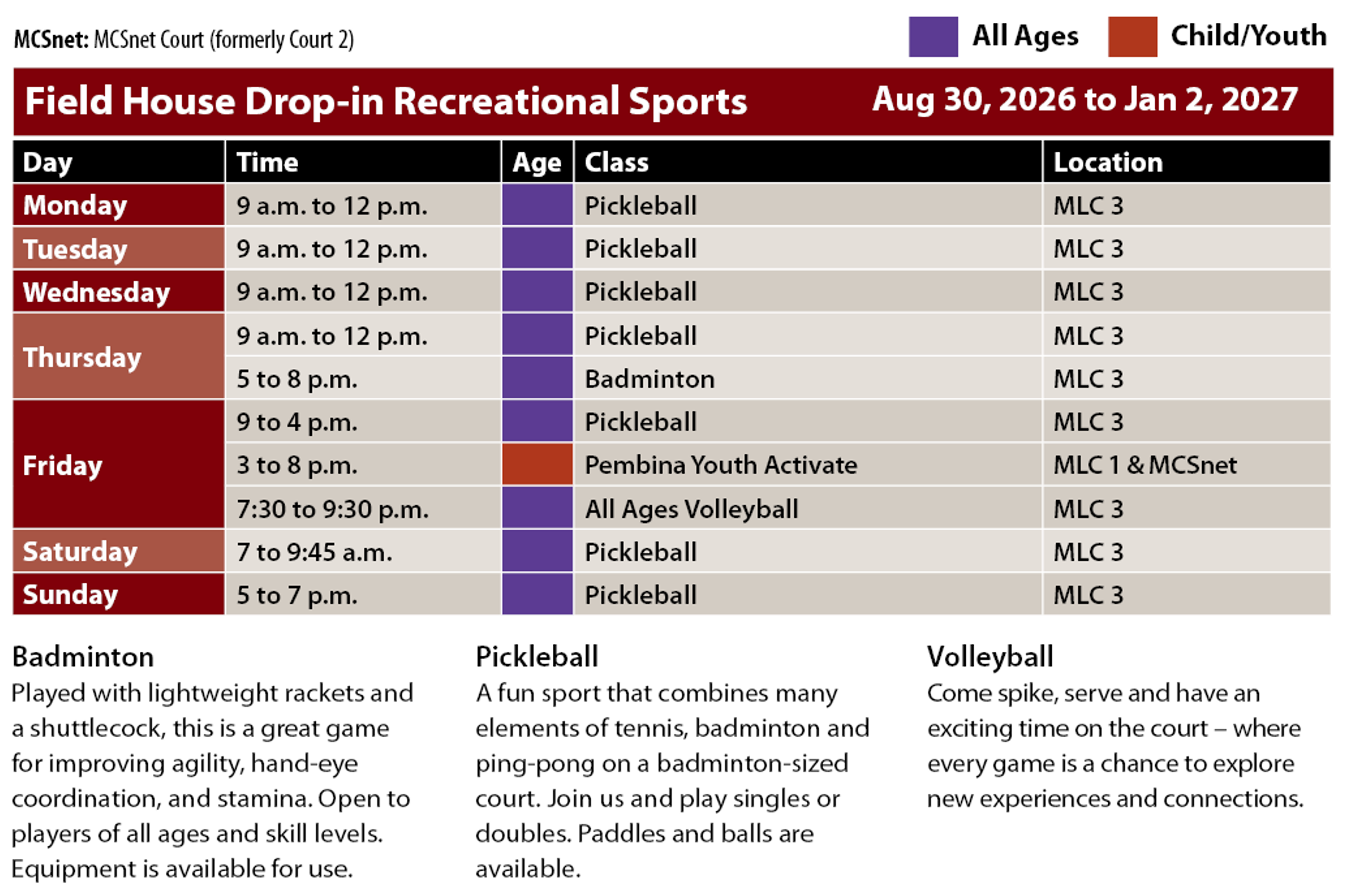 an image of a chart showing dates and times of sports at the leisure centre