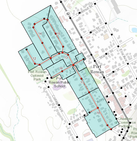 map indicating the streets inside the Group 2 Smoke Testing Zone in Port Rowan