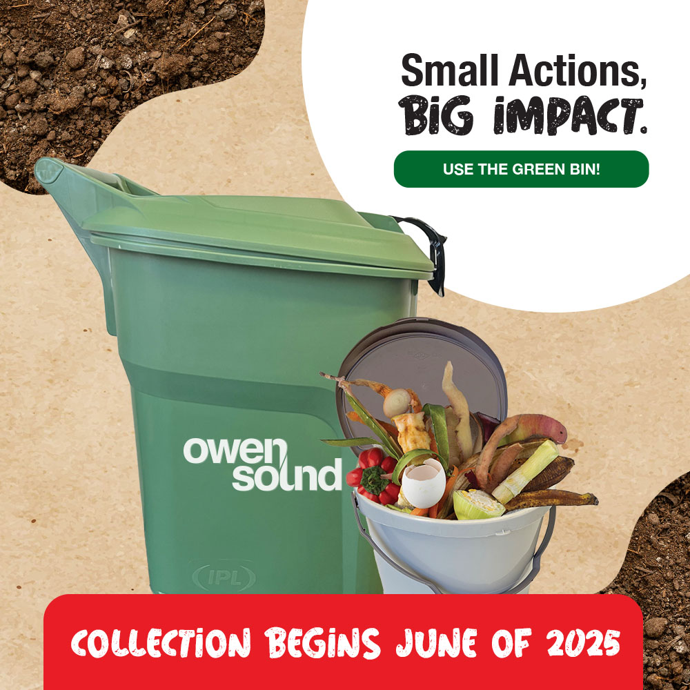 Green bin promotion with slogan - Small Actions, Big Impact.  Use the Green Bin.
