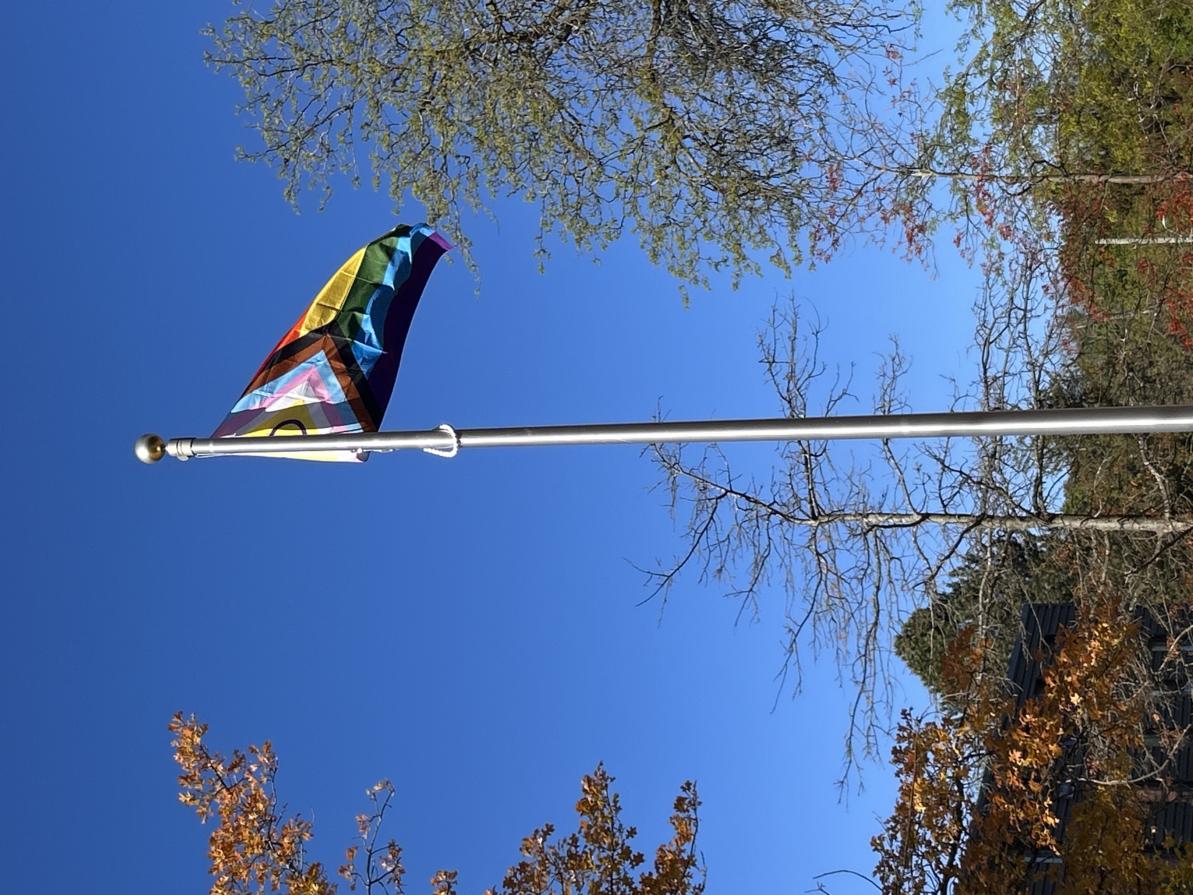 Image of the 2SLGBTQIA+ Pride Flag on City Hall flag pole with blue sky background