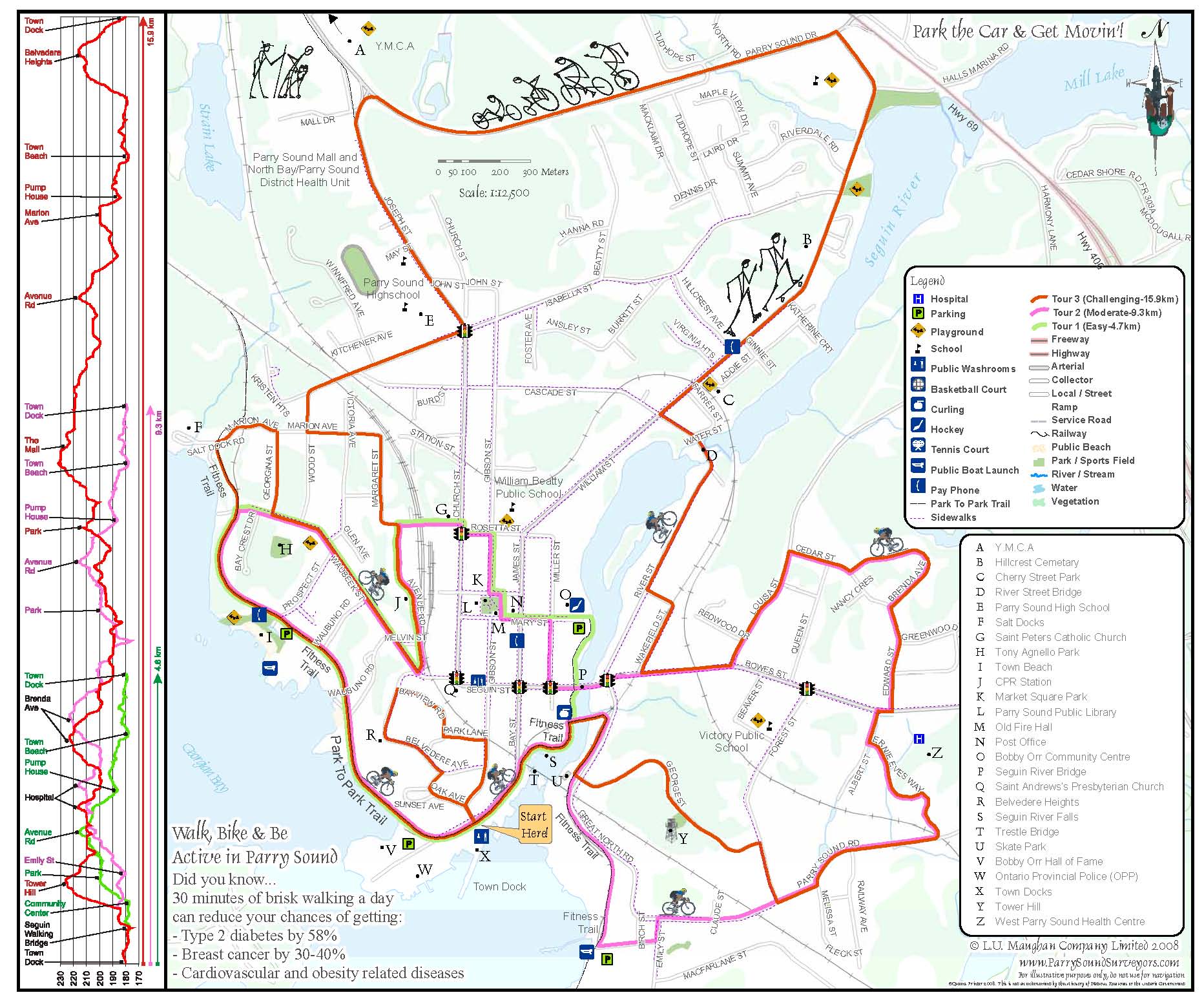 A map of biking and walking routes in Parry Sound