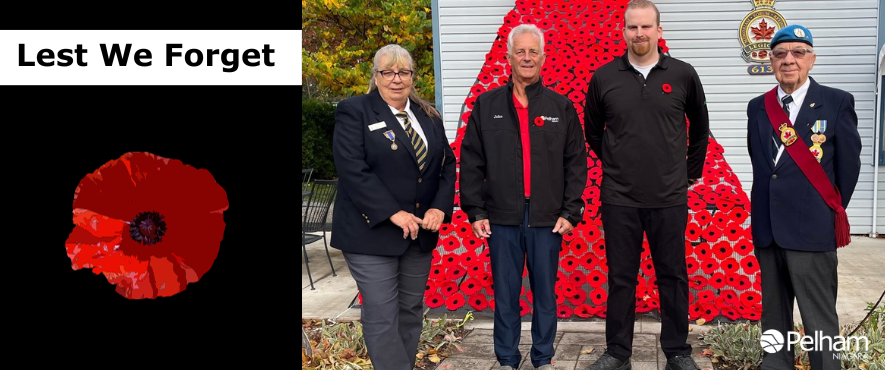 Lest we forget and poppy image with group of veterans receiving a poppy